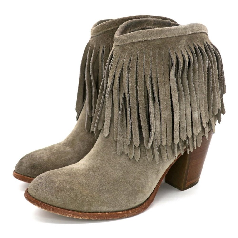 Frye Gray Ilana Suede Fringe Short Western Cowgirl Booties Ankle Boots Women 7.5